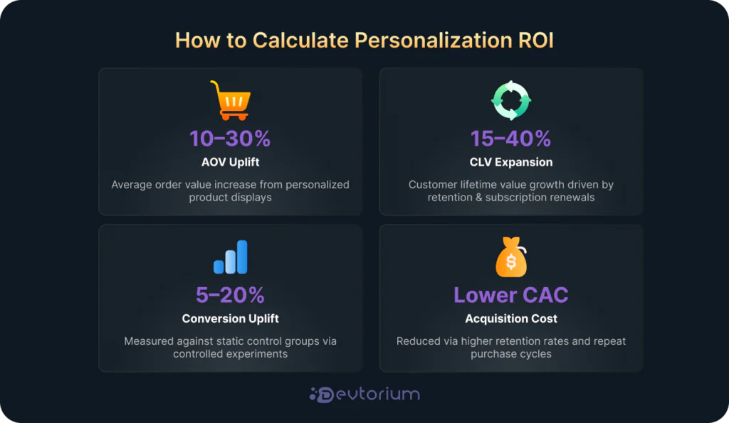eCommerce personalization ROI formula with KPI benchmarks for AOV, conversion rate, CLV, and customer acquisition cost